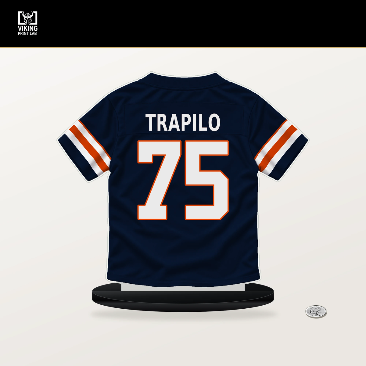Ozzy Trapilo number 75 Chicago Bears jersey stand with included black base.