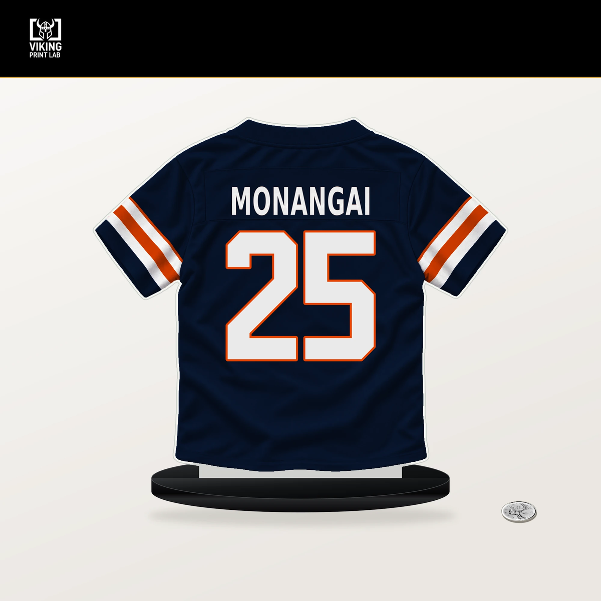 Kyle Monangai number 25 Chicago Bears jersey stand with included black base.