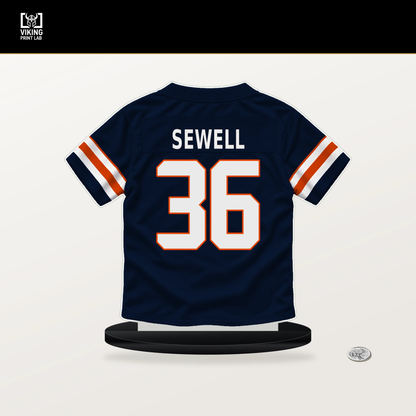 Marlen Sewell number 36 Chicago Bears jersey stand with included black base.