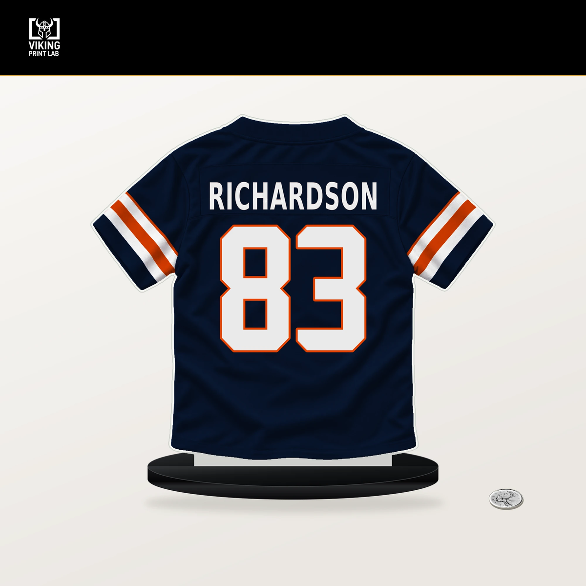 JP Richardson number 83 Chicago Bears jersey stand with included black base.