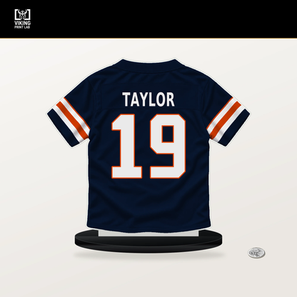 Tory Taylor number 19 Chicago Bears jersey stand with included black base.
