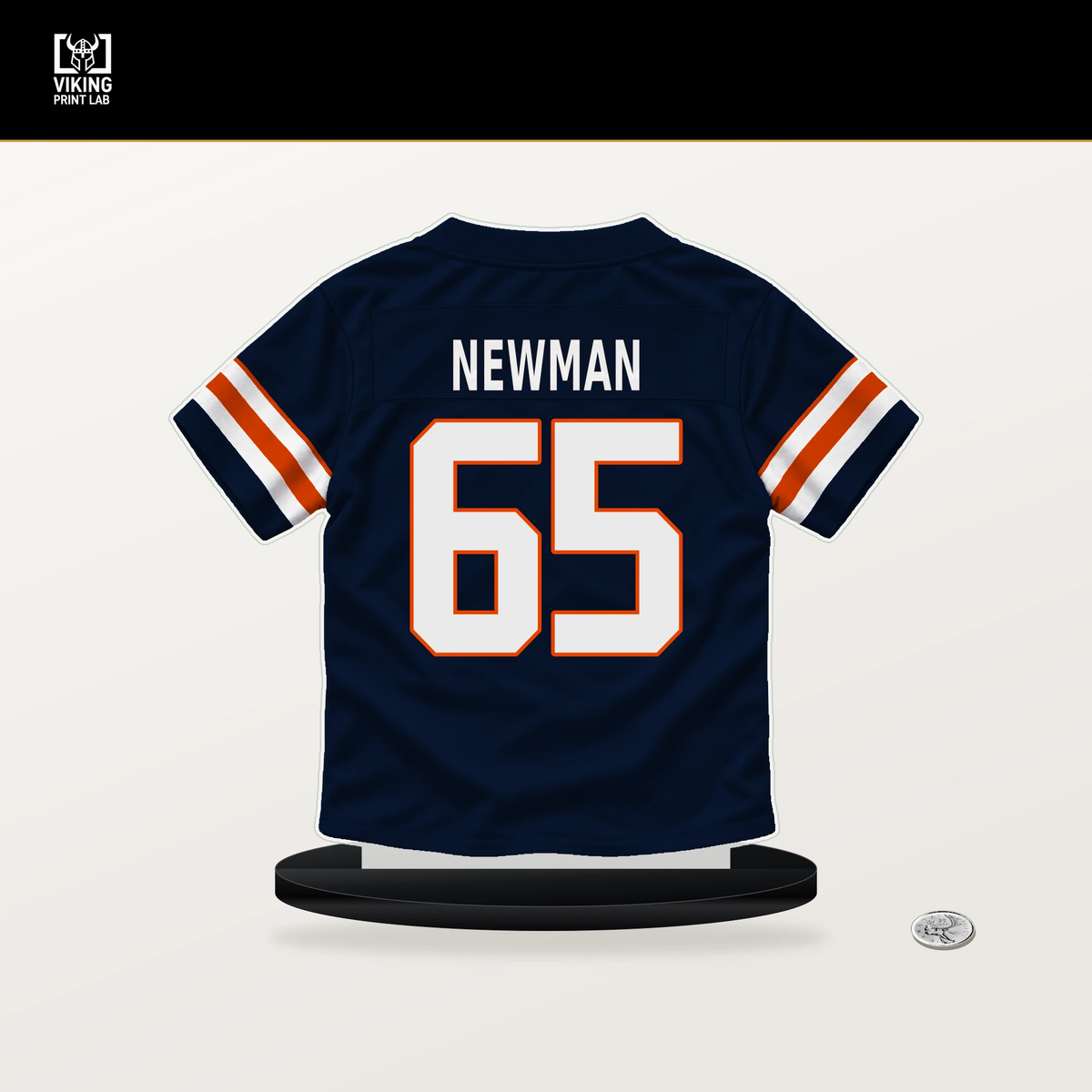 Luke Newman number 65 Chicago Bears jersey stand with included black base.