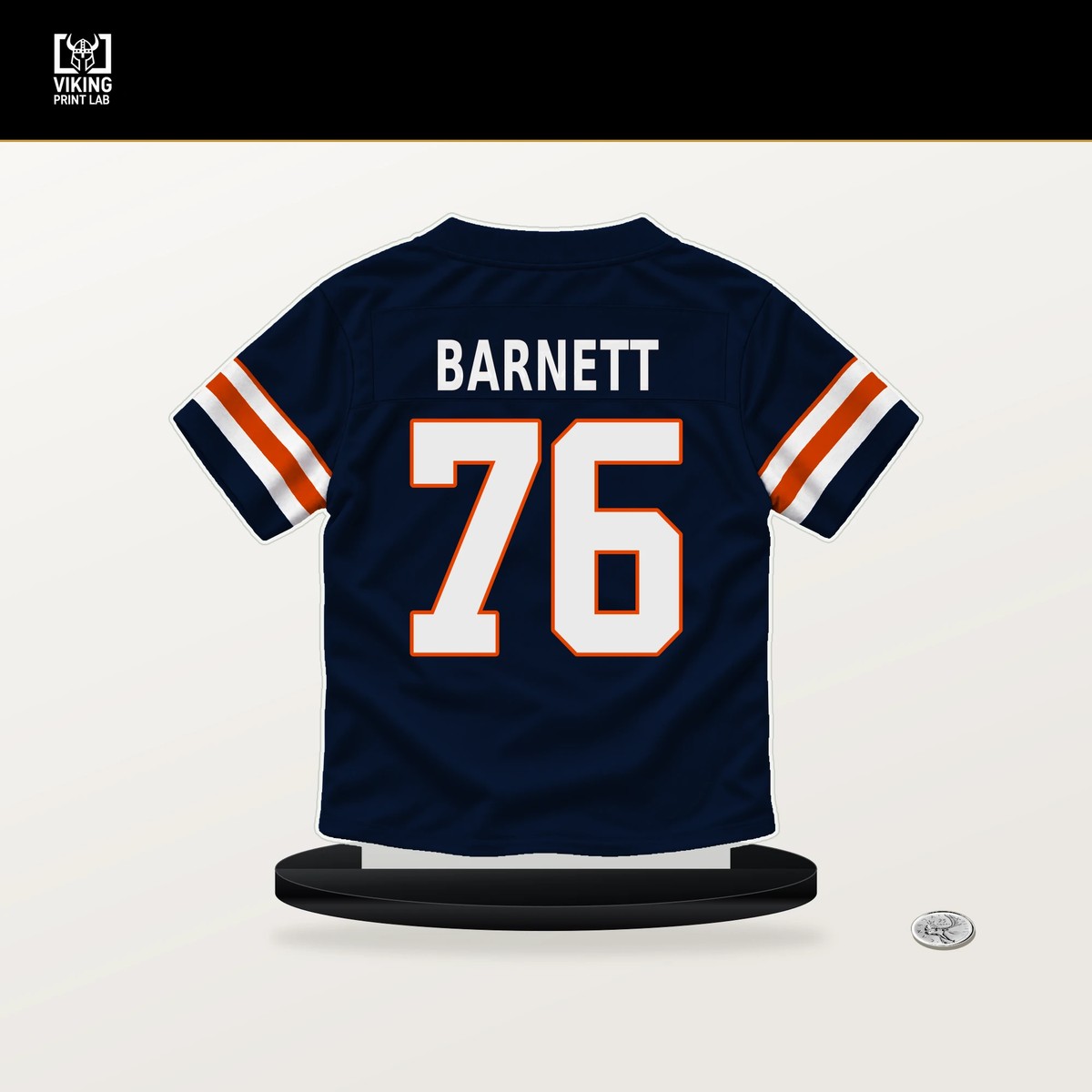 Caden Barnett number 76 Chicago Bears jersey stand with included black base.