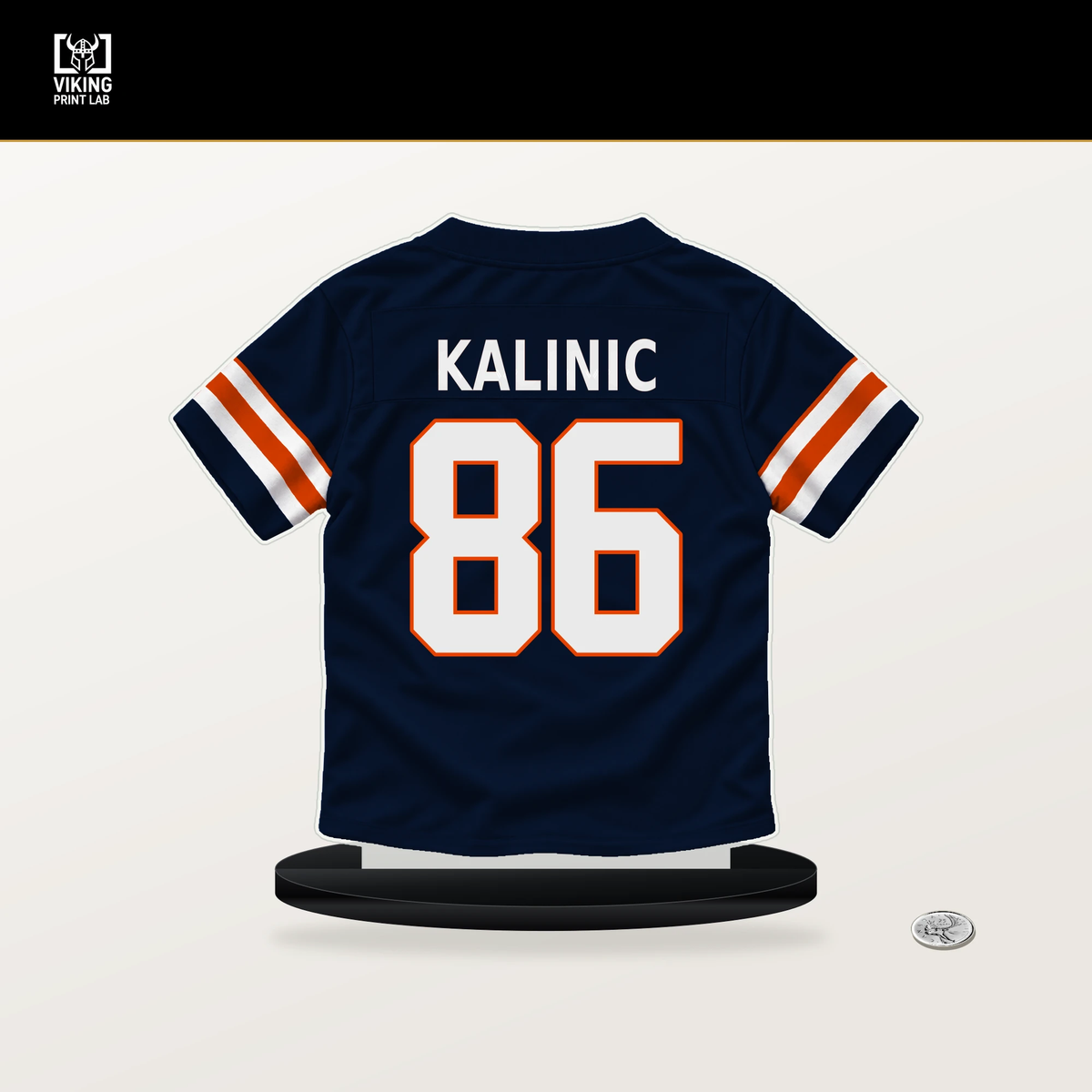 Nikola Kalinic number 86 Chicago Bears jersey stand with included black base.