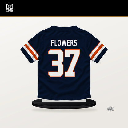 Dallis Flowers number 37 Chicago Bears jersey stand with included black base.