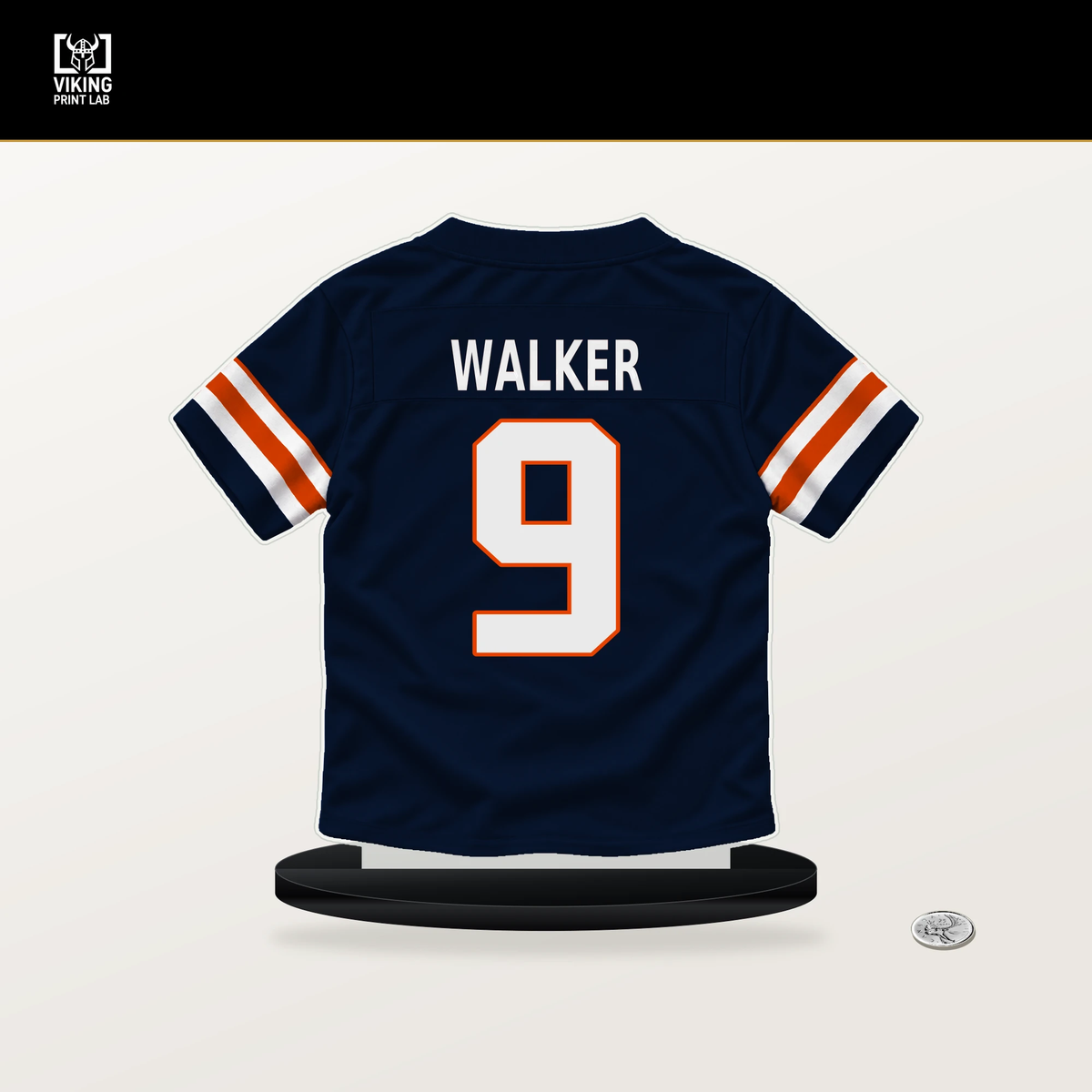Jahdae Walker number 9 Chicago Bears jersey stand with included black base.
