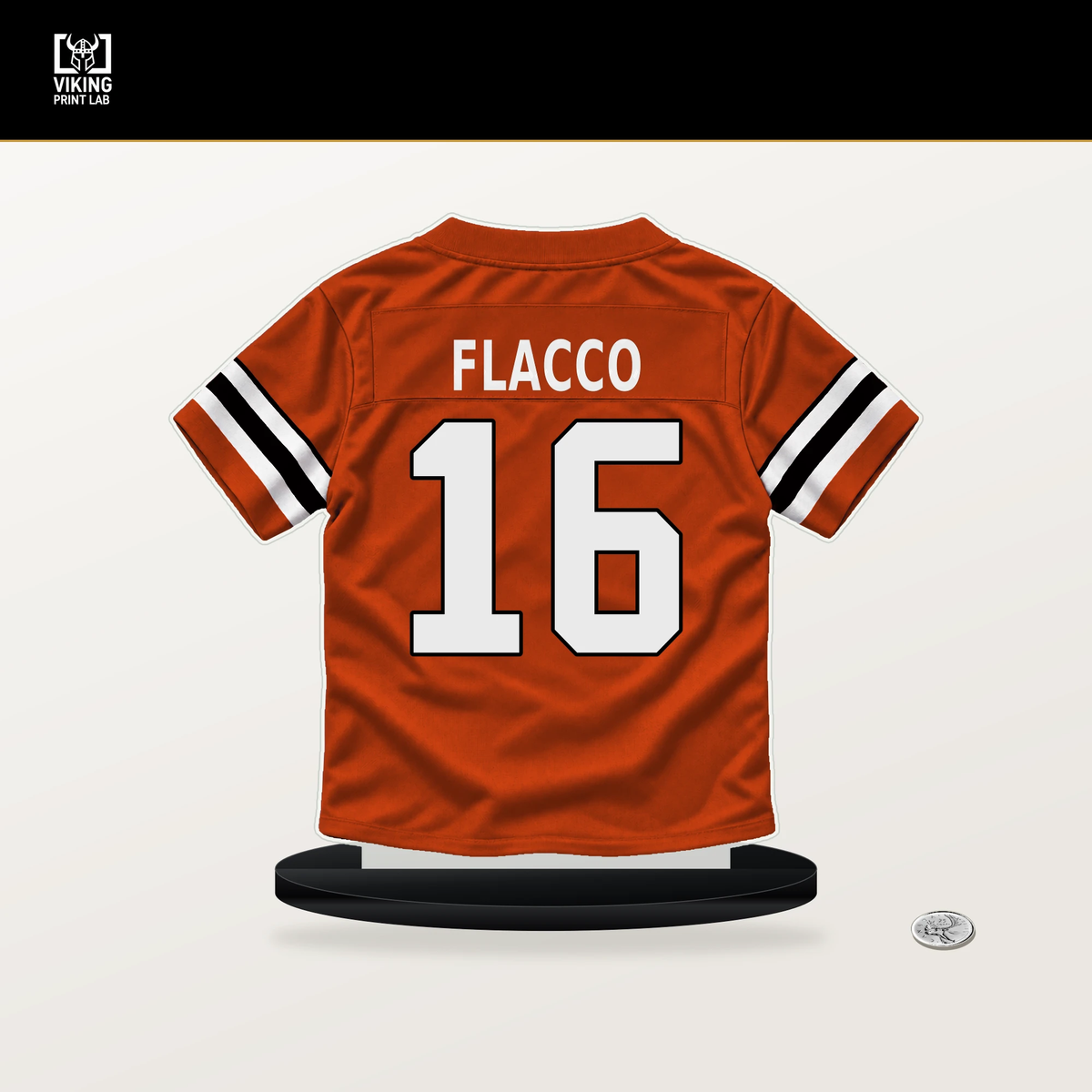 Joe Flacco number 16 Cincinnati Bengals jersey stand with included black base.
