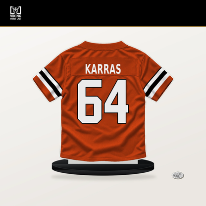 Ted Karras number 64 Cincinnati Bengals jersey stand with included black base.