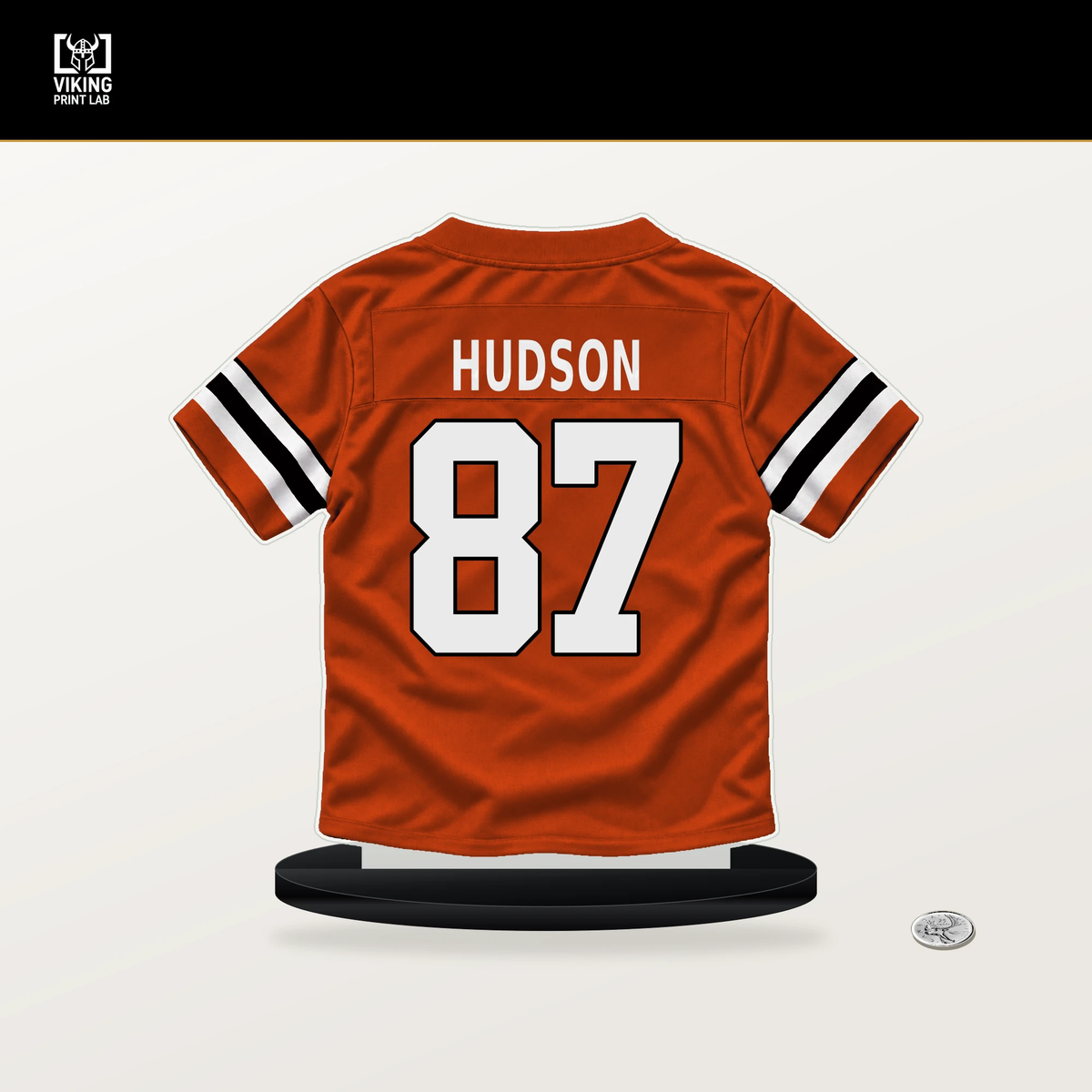 Tanner Hudson number 87 Cincinnati Bengals jersey stand with included black base.