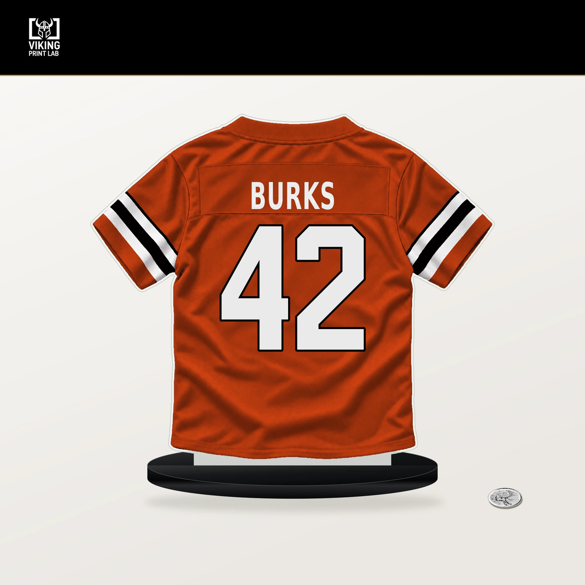 Oren Burks number 42 Cincinnati Bengals jersey stand with included black base.