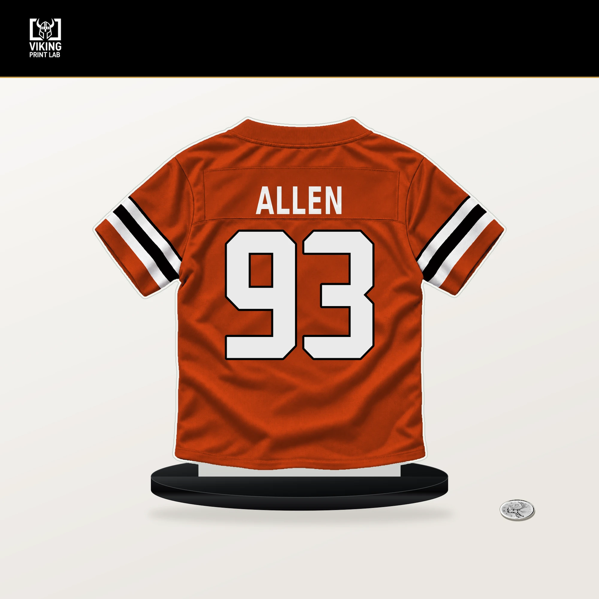 Jonathan Allen number 93 Cincinnati Bengals jersey stand with included black base.