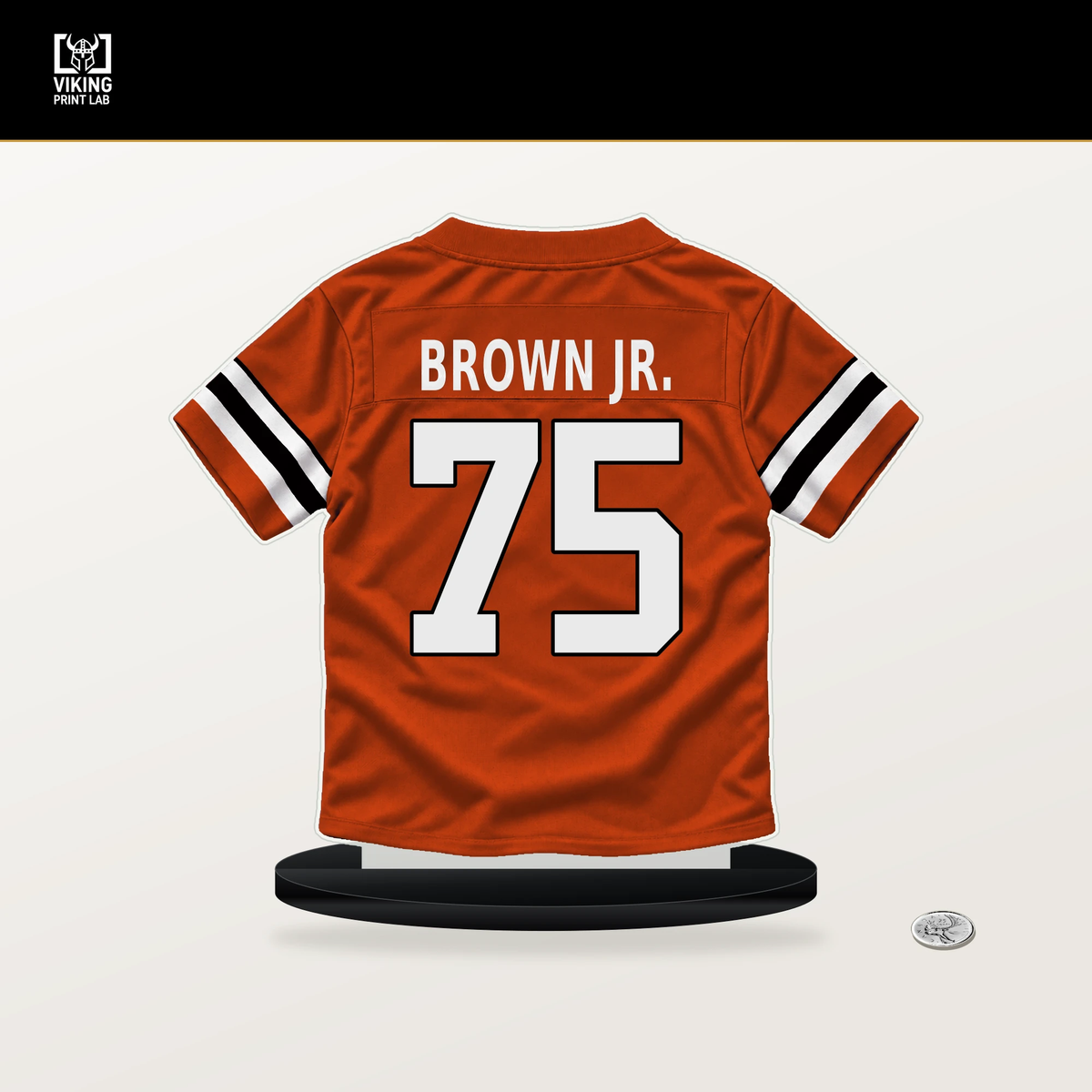 Orlando Brown Jr. number 75 Cincinnati Bengals jersey stand with included black base.