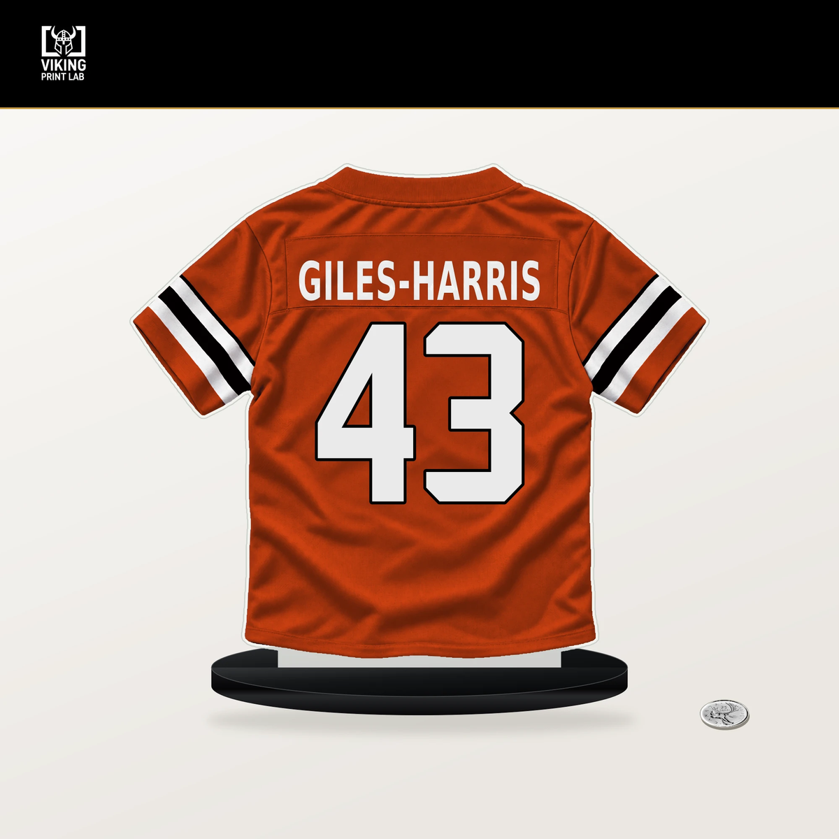 Joe Giles-Harris number 43 Cincinnati Bengals jersey stand with included black base.