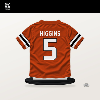 Tee Higgins number 5 Cincinnati Bengals jersey stand with included black base.
