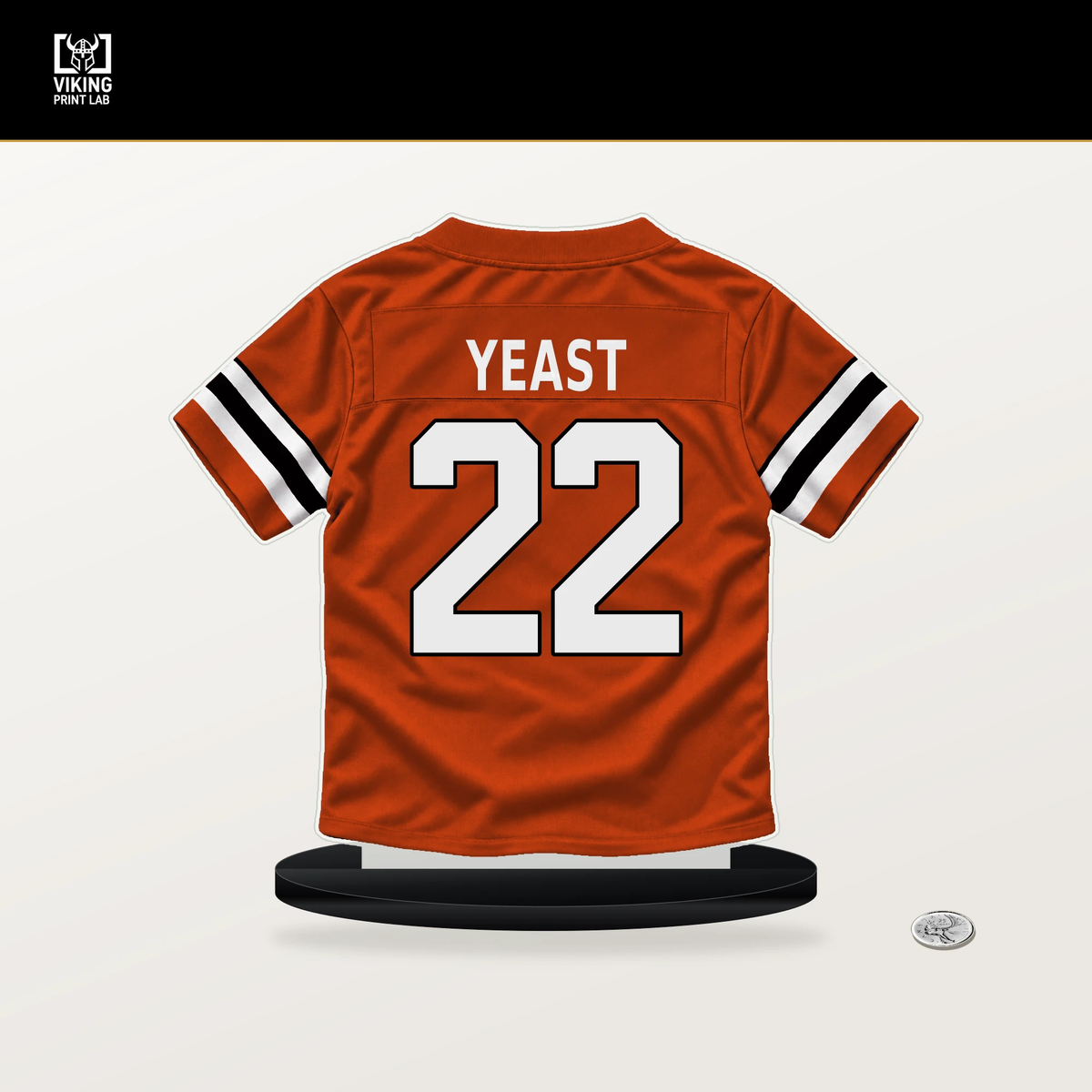 Russ Yeast number 22 Cincinnati Bengals jersey stand with included black base.