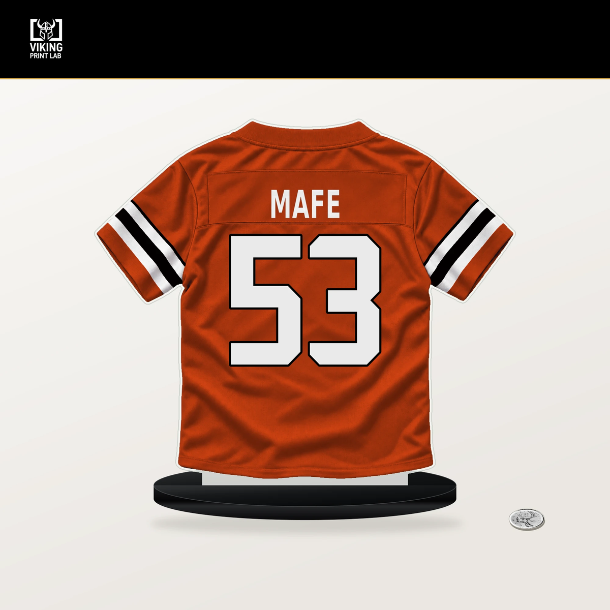 Boye Mafe number 53 Cincinnati Bengals jersey stand with included black base.