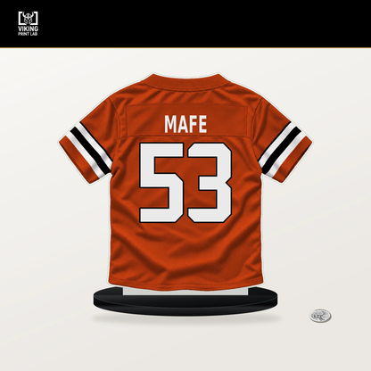 Boye Mafe number 53 Cincinnati Bengals jersey stand with included black base.