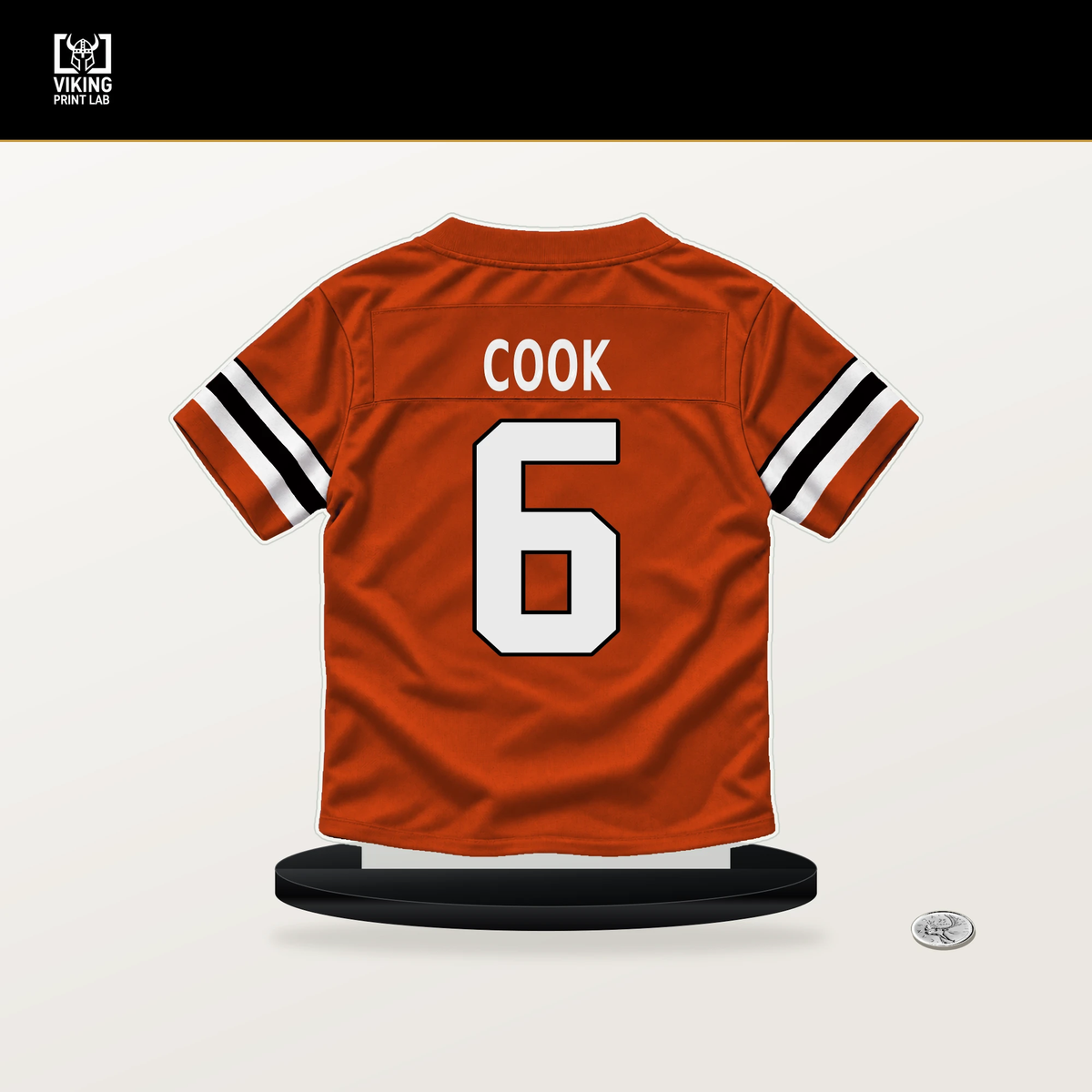 Bryan Cook number 6 Cincinnati Bengals jersey stand with included black base.