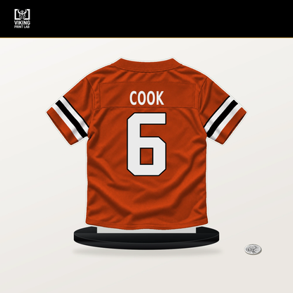 Bryan Cook number 6 Cincinnati Bengals jersey stand with included black base.