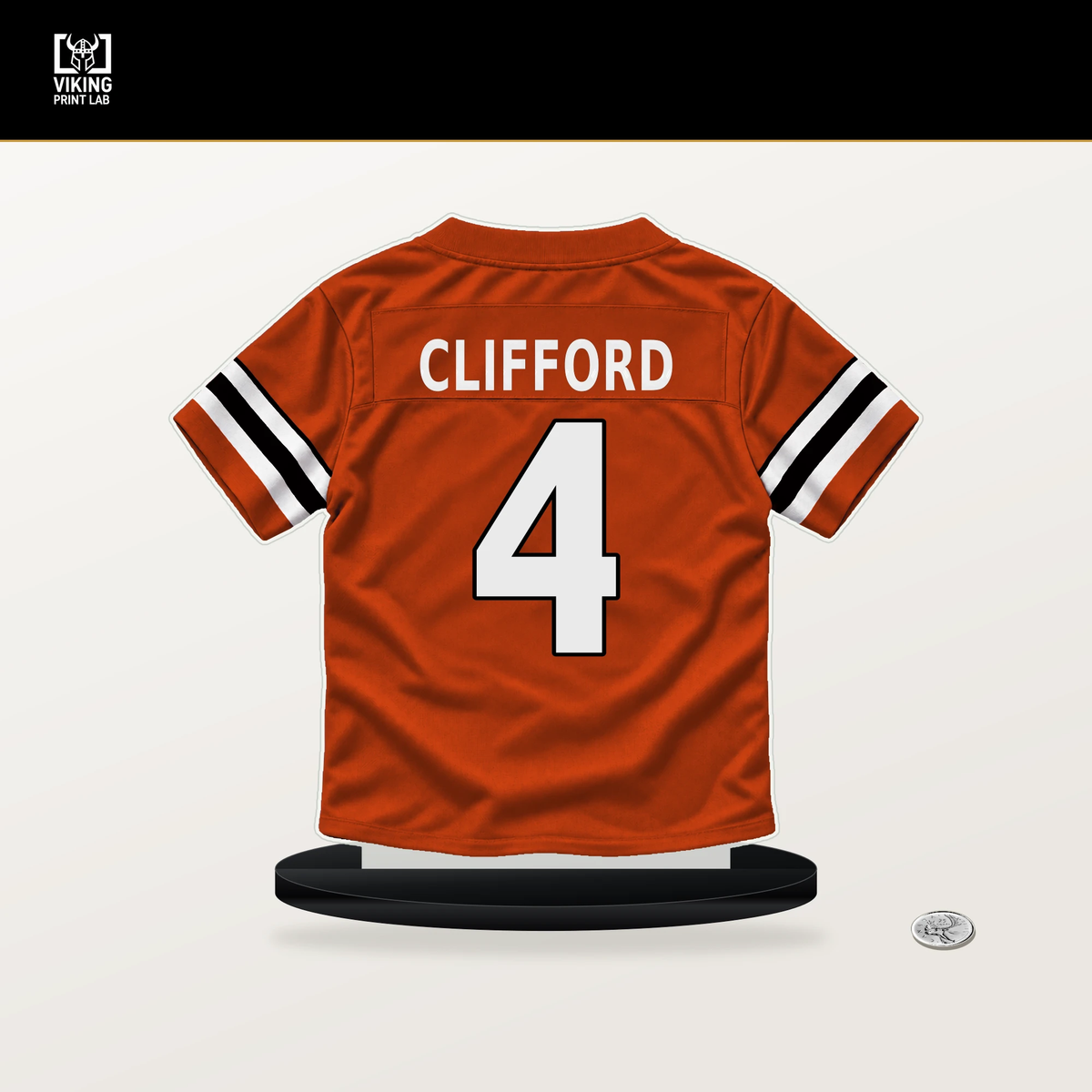 Sean Clifford number 4 Cincinnati Bengals jersey stand with included black base.