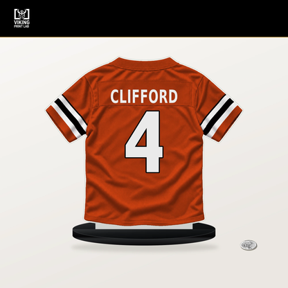 Sean Clifford number 4 Cincinnati Bengals jersey stand with included black base.