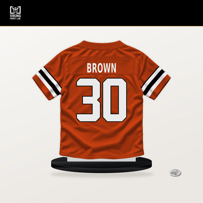 Chase Brown number 30 Cincinnati Bengals jersey stand with included black base.