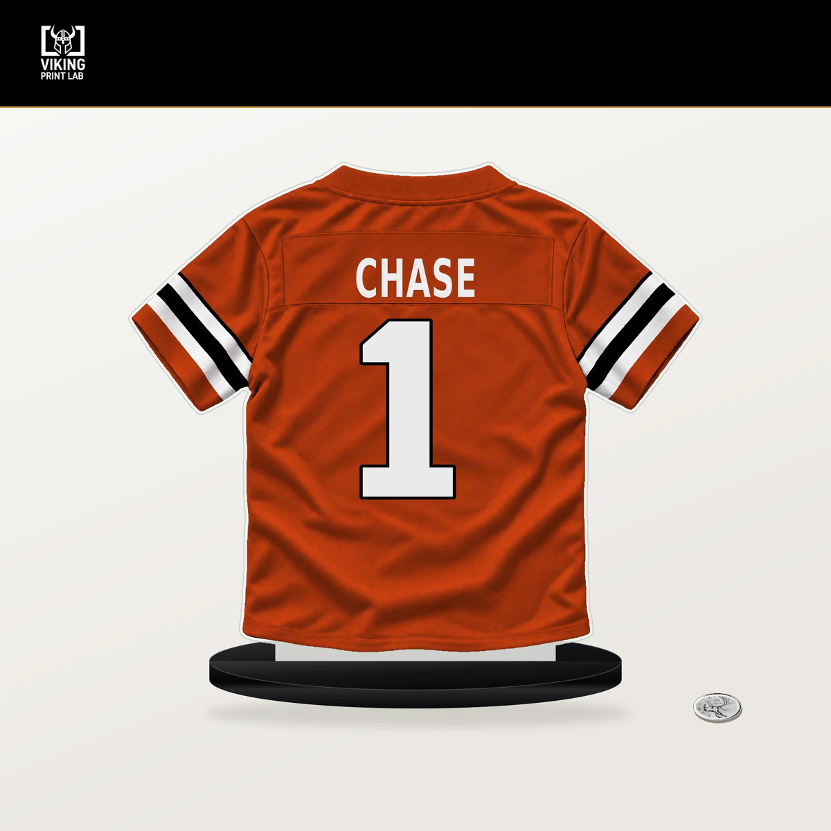 Ja'Marr Chase number 1 Cincinnati Bengals jersey stand with included black base.