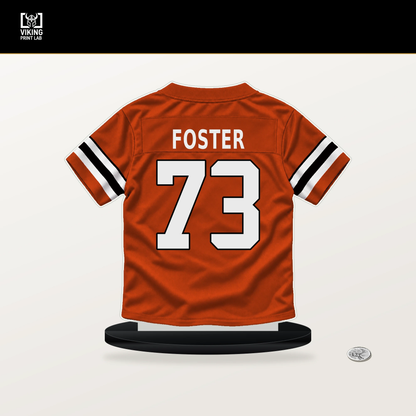 Javon Foster number 73 Cincinnati Bengals jersey stand with included black base.