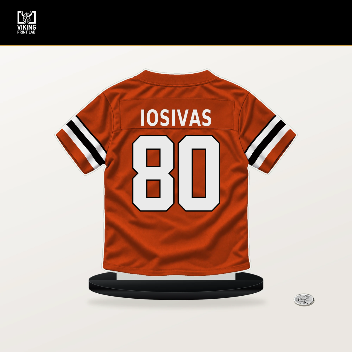 Andrei Iosivas number 80 Cincinnati Bengals jersey stand with included black base.