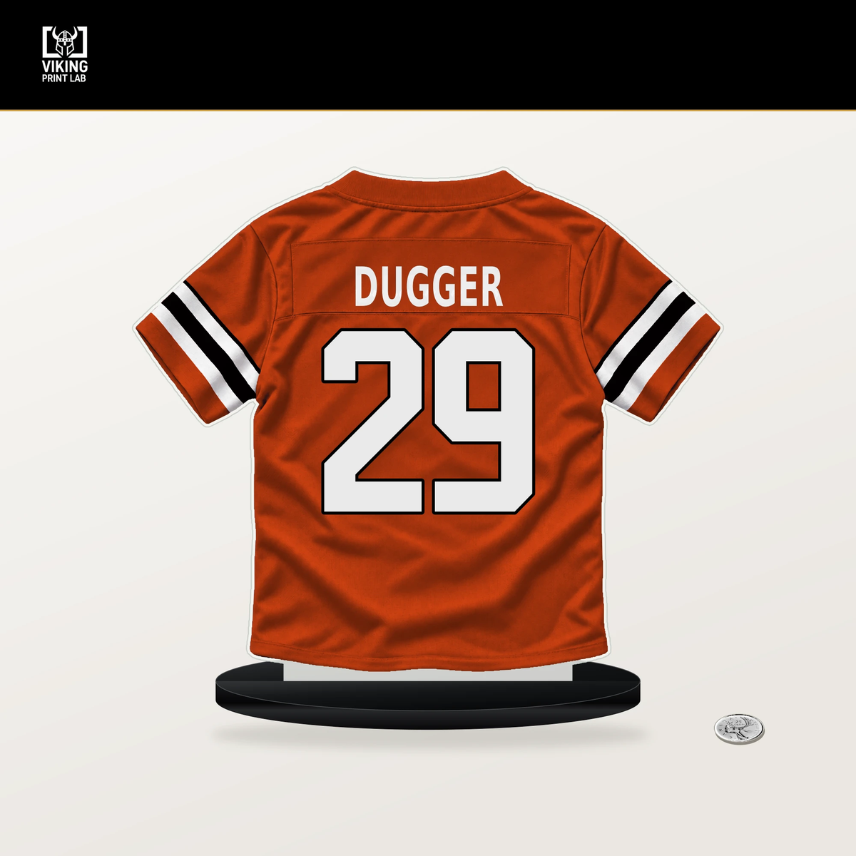 Kyle Dugger number 29 Cincinnati Bengals jersey stand with included black base.