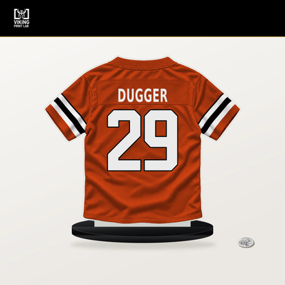 Kyle Dugger number 29 Cincinnati Bengals jersey stand with included black base.