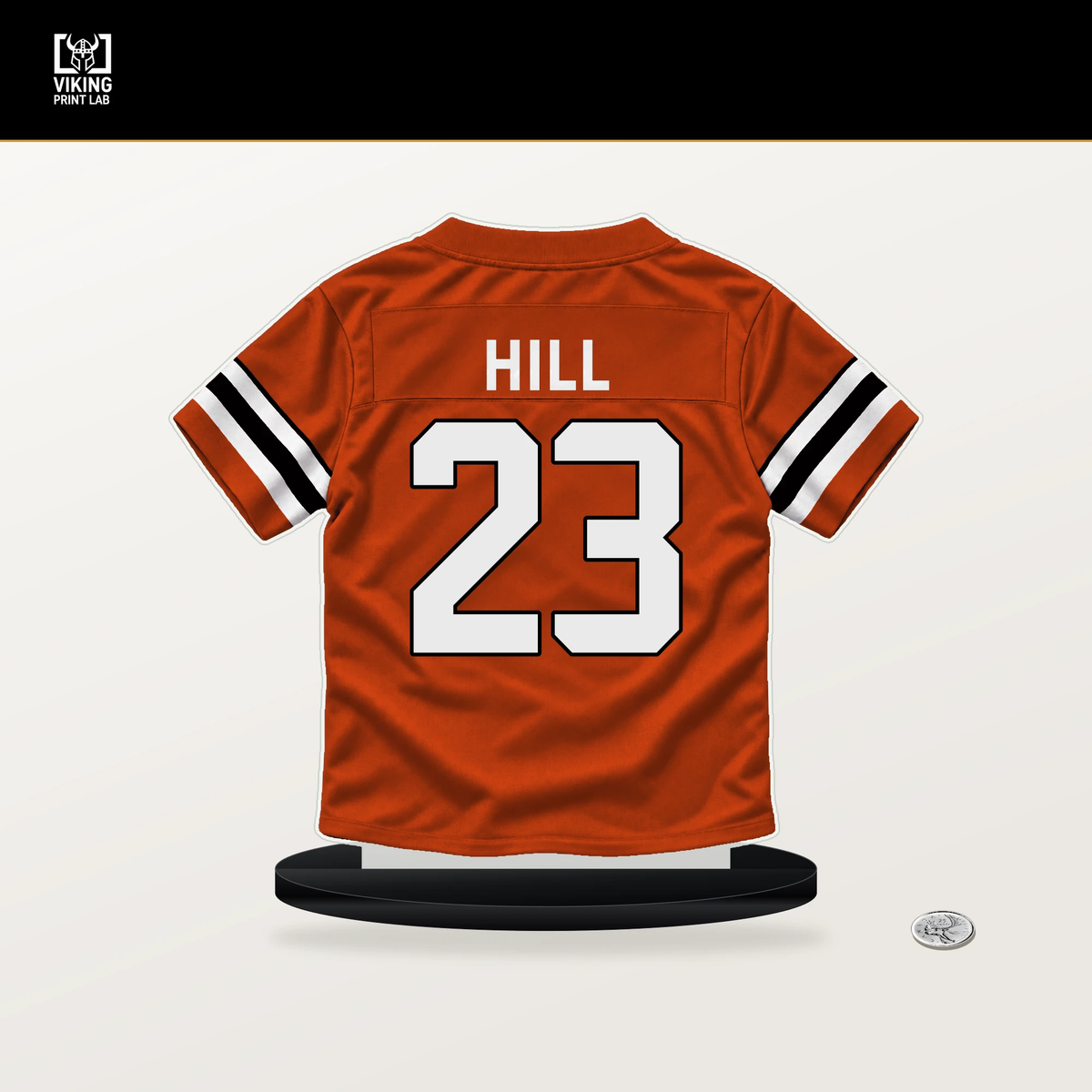 Dax Hill number 23 Cincinnati Bengals jersey stand with included black base.