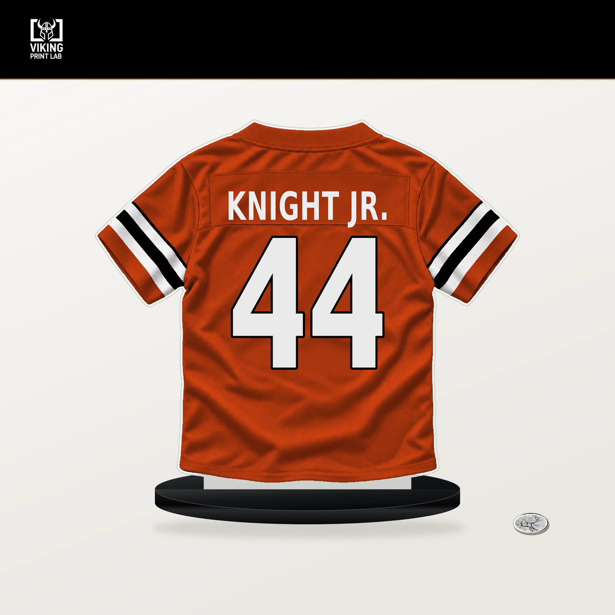 Demetrius Knight Jr. number 44 Cincinnati Bengals jersey stand with included black base.