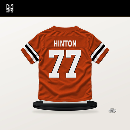 Myles Hinton number 77 Cincinnati Bengals jersey stand with included black base.
