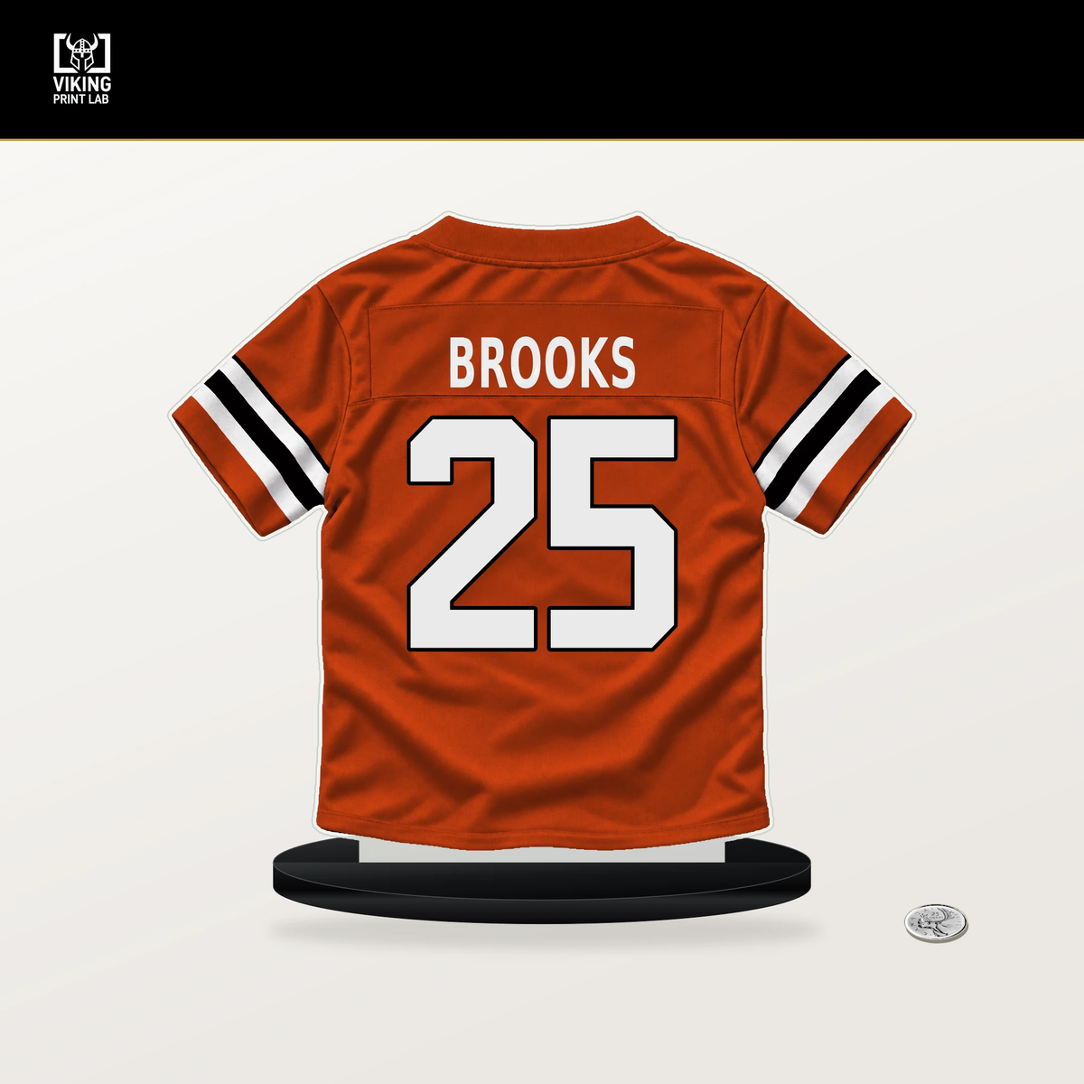 Tahj Brooks number 25 Cincinnati Bengals jersey stand with included black base.