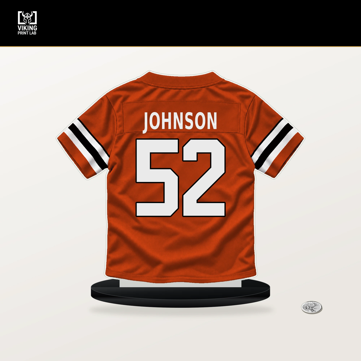 Cedric Johnson number 52 Cincinnati Bengals jersey stand with included black base.