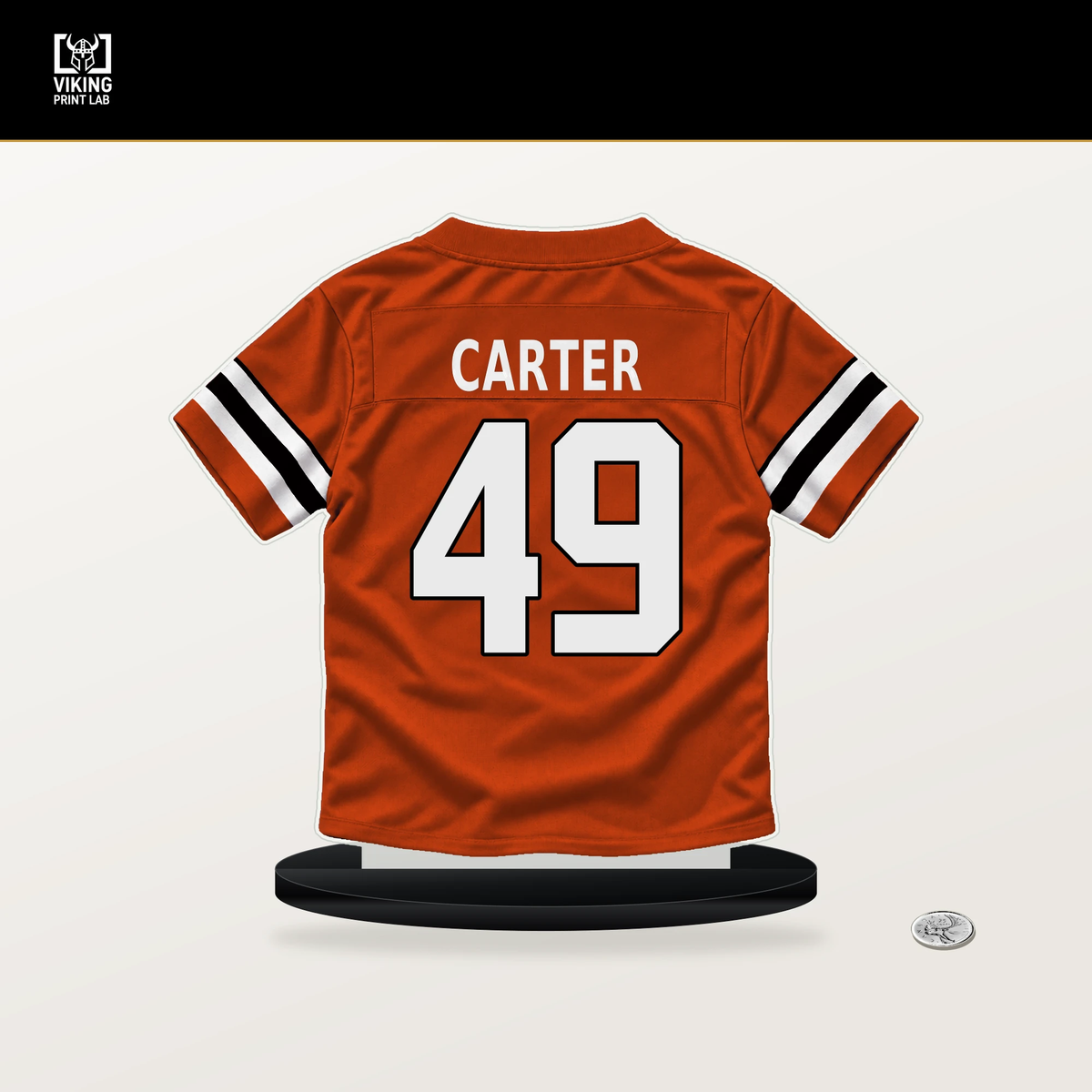 Barrett Carter number 49 Cincinnati Bengals jersey stand with included black base.
