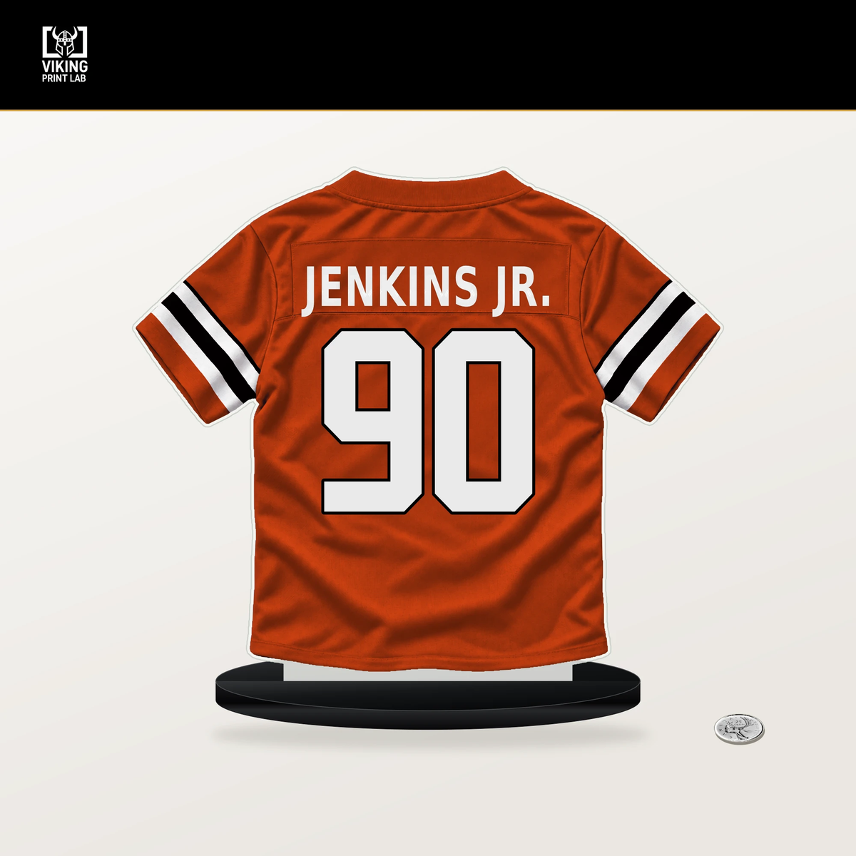 Kris Jenkins Jr. number 90 Cincinnati Bengals jersey stand with included black base.