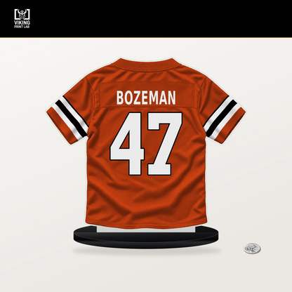 Swayze Bozeman number 47 Cincinnati Bengals jersey stand with included black base.