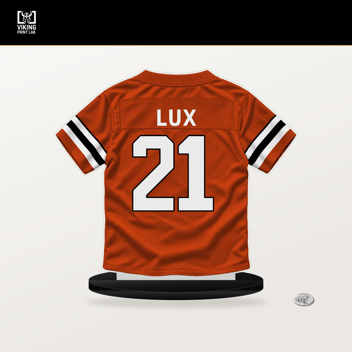 Bralyn Lux number 21 Cincinnati Bengals jersey stand with included black base.