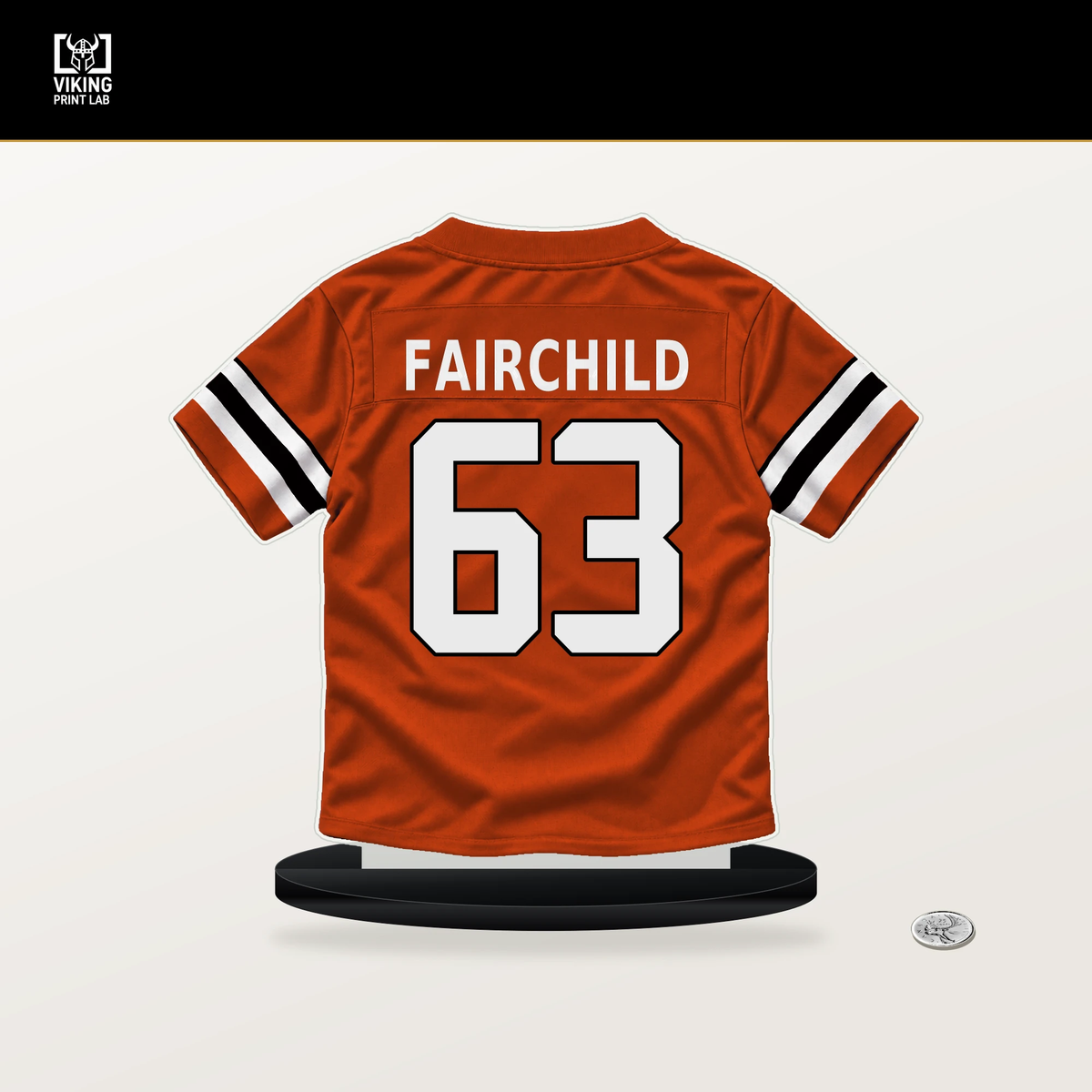 Dylan Fairchild number 63 Cincinnati Bengals jersey stand with included black base.