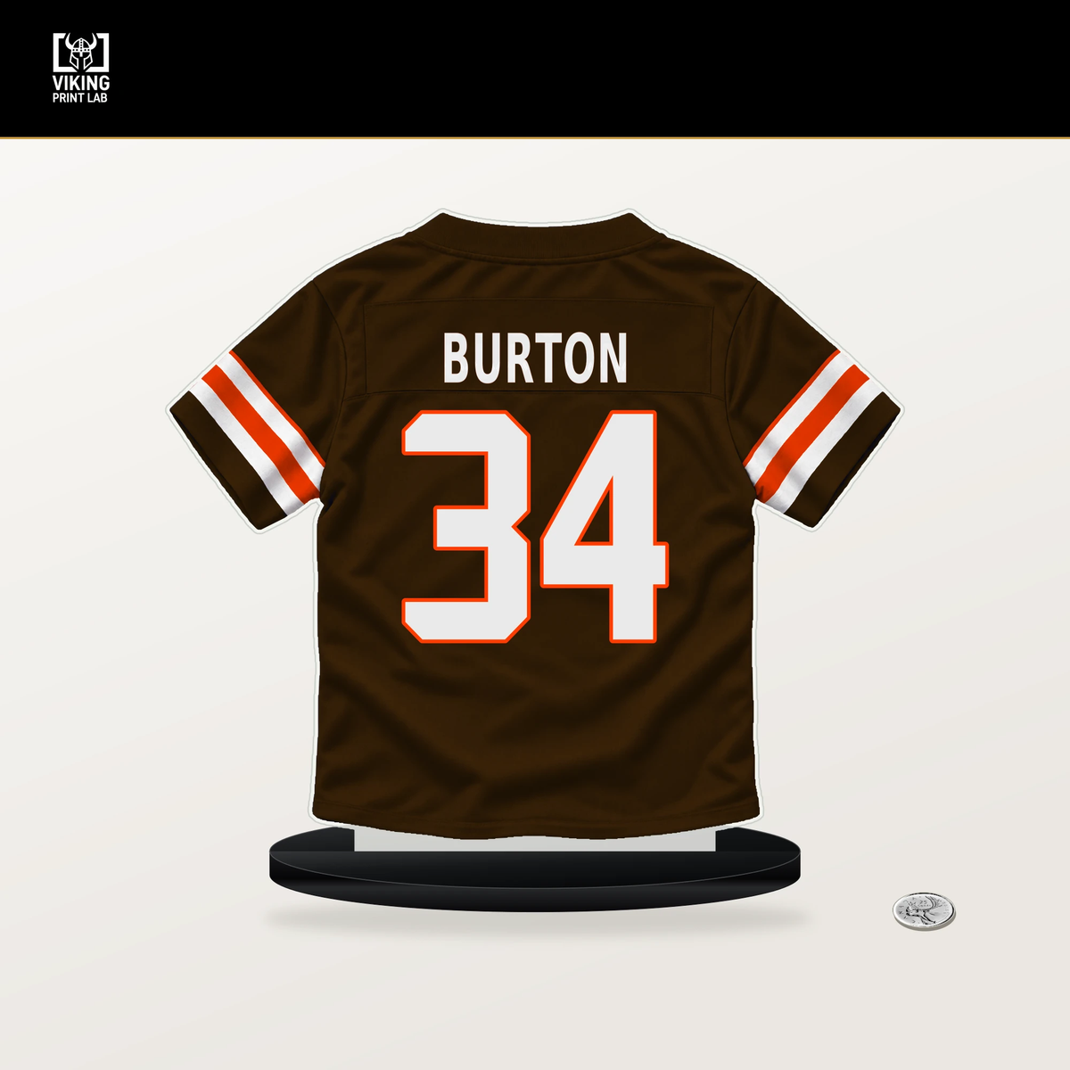Michael Burton number 34 Cleveland Browns jersey stand with included black base.