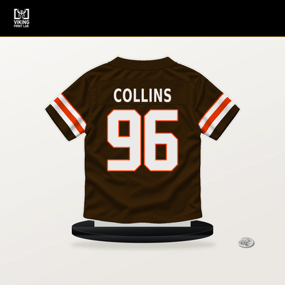 Maliek Collins number 96 Cleveland Browns jersey stand with included black base.