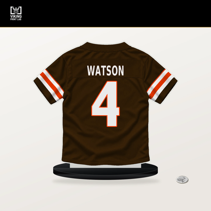 Deshaun Watson number 4 Cleveland Browns jersey stand with included black base.