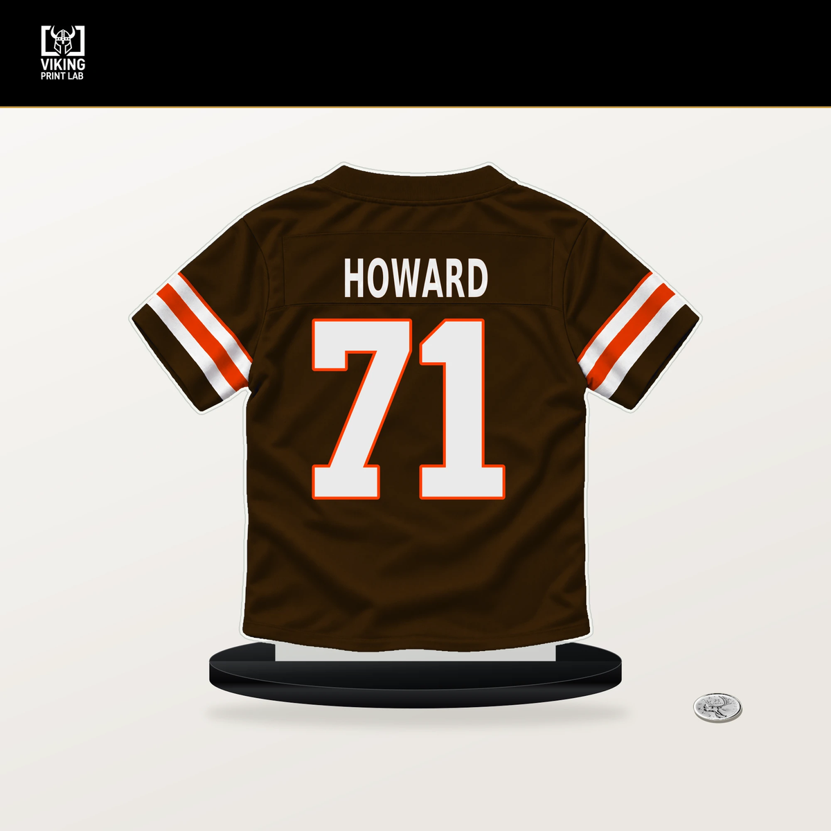 Tytus Howard number 71 Cleveland Browns jersey stand with included black base.