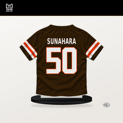 Rex Sunahara number 50 Cleveland Browns jersey stand with included black base.