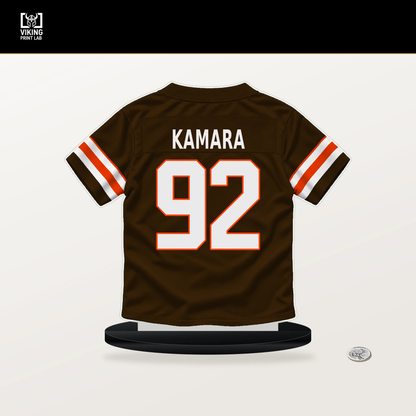 Sam Kamara number 92 Cleveland Browns jersey stand with included black base.