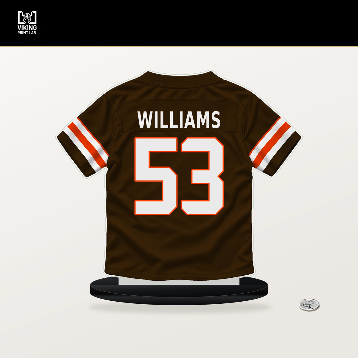 Chris Williams number 53 Cleveland Browns jersey stand with included black base.