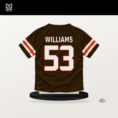 Chris Williams number 53 Cleveland Browns jersey stand with included black base.