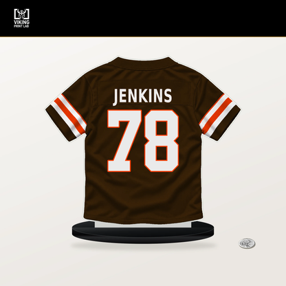 Teven Jenkins number 78 Cleveland Browns jersey stand with included black base.